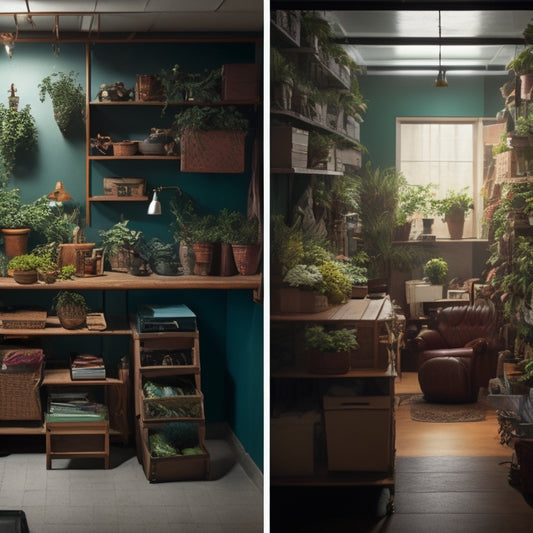 A before-and-after split-screen image: dark, cluttered basement with old furniture and scattered boxes on the left, and a bright, organized space with sleek shelving, a workstation, and a few potted plants on the right.