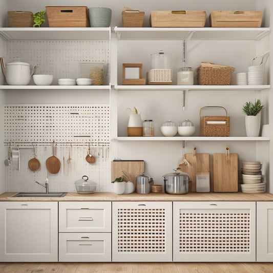 A tidy, minimalist kitchen with three small cabinets, each with a different organizational system: one with baskets, one with stacked containers, and one with a pegboard and hooks.