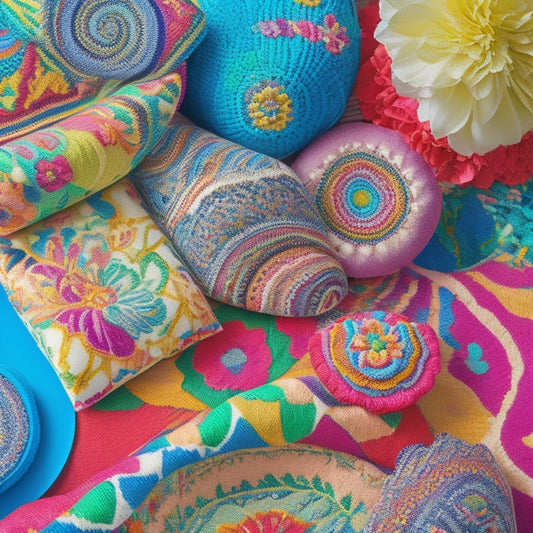 A colorful, abstract composition featuring swirling patterns of various Vera Bradley fabrics, including vibrant florals, bold stripes, and whimsical geometrics, against a soft, creamy white background.