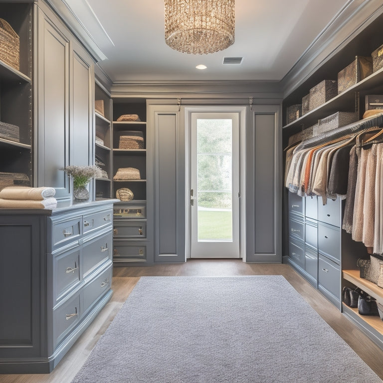 A serene, bright master bedroom closet with a mix of open shelving and closed cabinetry, featuring a central island with drawers, a velvet-covered ottoman, and a floor-to-ceiling shoe rack.