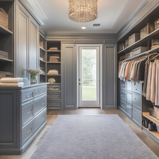A serene, bright master bedroom closet with a mix of open shelving and closed cabinetry, featuring a central island with drawers, a velvet-covered ottoman, and a floor-to-ceiling shoe rack.