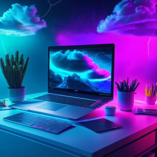 A futuristic desk with a sleek, silver laptop, surrounded by vibrant, swirling clouds of colorful sticky notes, with a few hovering above, connected by glowing, neon-blue threads.