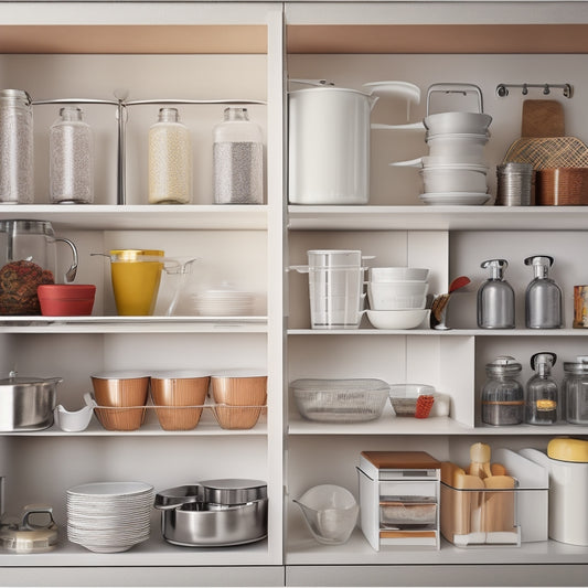 A cluttered cabinet with jumbled kitchen items and utensils, contrasted with a nearby cabinet featuring neatly organized contents separated by sleek, white shelf dividers.