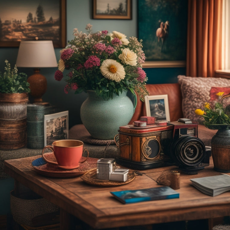 A cozy living room with a mix of framed and unframed prints, Polaroids, and negatives scattered on a wooden side table, surrounded by vintage cameras, flowers, and a few scattered photo albums.