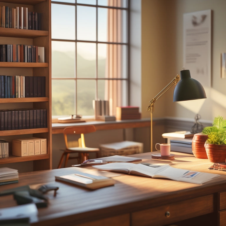 A serene, clutter-free workspace with a wooden desk, a neatly organized bookshelf, and a few carefully placed office supplies, illuminated by a warm, natural light.