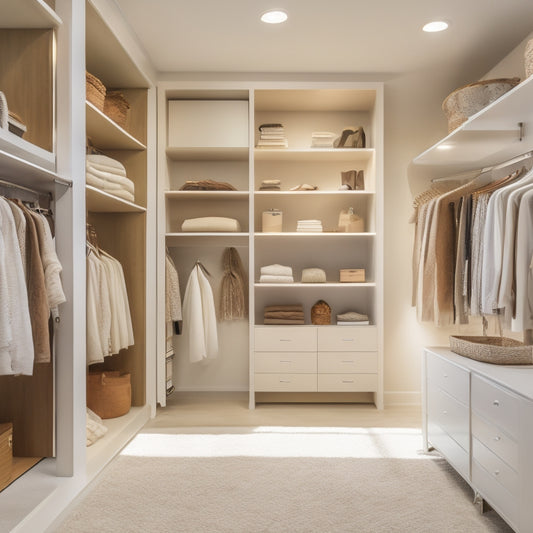 A serene, modern closet interior in Palm Desert with sleek, white shelves, organized clothing racks, and a neutral-toned area rug, illuminated by warm, natural light pouring through a large window.