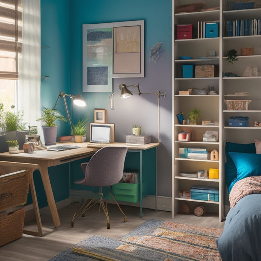 A tidy dorm room with a made bed, color-coded storage bins on a shelves, a desk with a laptop and a few organized notebooks, a small plant on a nightstand, and a calming background color.