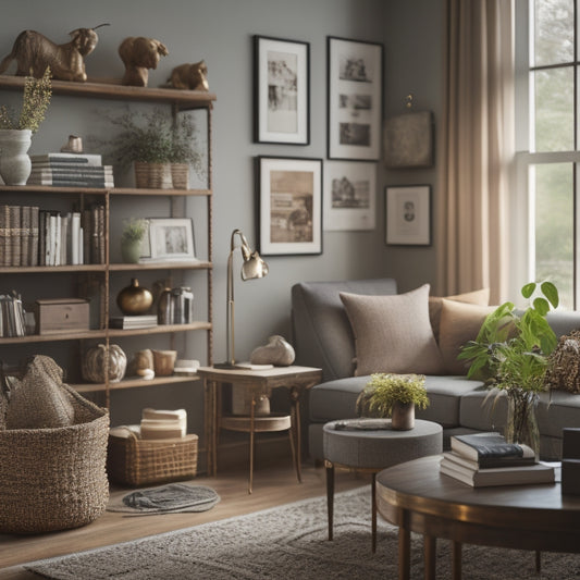 A serene, well-organized living room with a few, carefully placed decorative items, a tidy bookshelf, and a single, open notebook with a pen lying across a partially completed checklist.