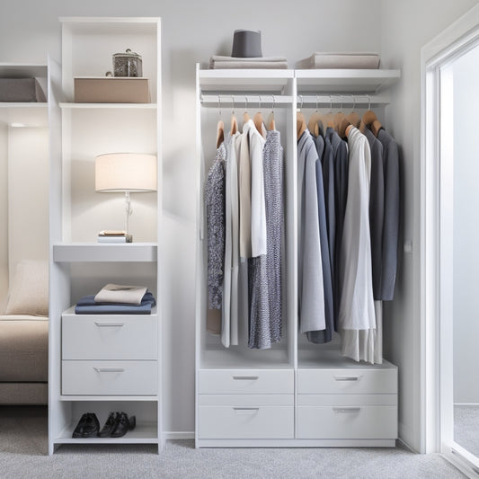 A minimalist, modern closet with a sleek, silver double rod, surrounded by a neutral-colored wall and floor, featuring a digital tablet mounted on the wall, displaying a 3D closet organizer app.