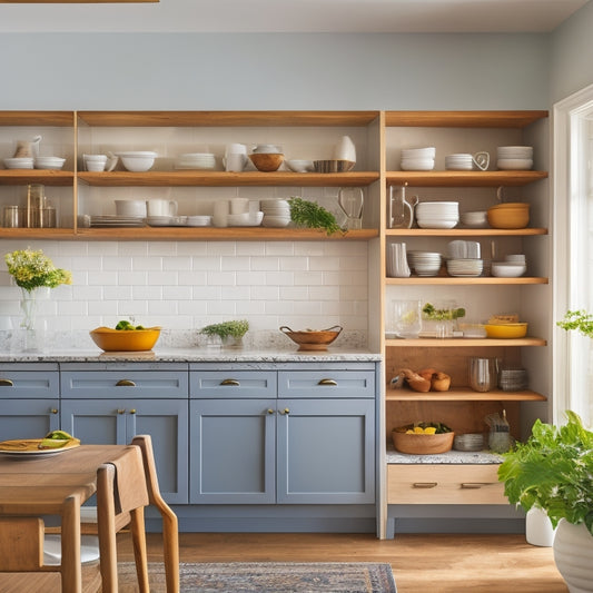A bright, modern kitchen with warm wood tones, featuring three custom-built shelving units with varying heights, each adorned with decorative corbels and filled with sleek, white dishes and cookbooks.