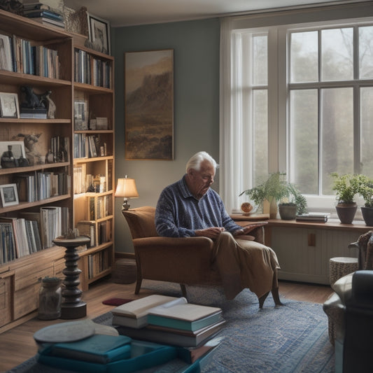 A serene, well-lit room with a minimalist aesthetic, featuring a senior in their 60s sitting comfortably in a decluttered living space, surrounded by organized bookshelves and a few, carefully selected mementos.