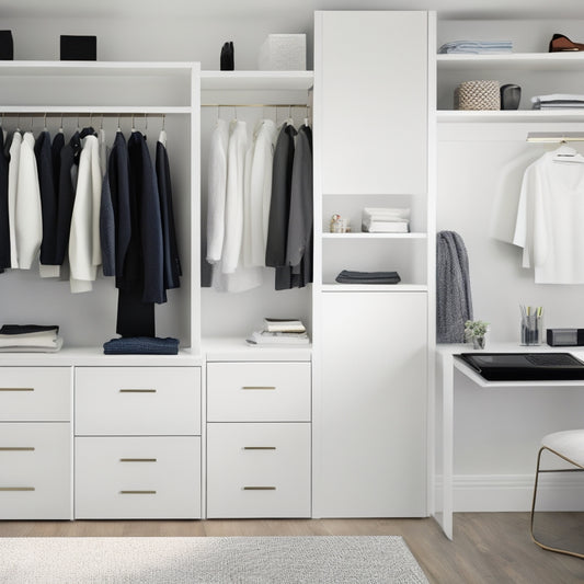 A minimalist, modern closet with sleek, white shelves and drawers, adorned with a few, stylishly-placed garments and accessories, surrounded by design software screens and a laptop on a nearby desk.