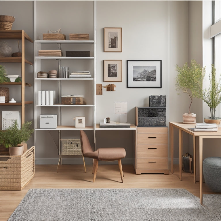 A tidy, minimalist home office with a wooden desk, minimalist chair, and floor-to-ceiling shelves stocked with labeled storage bins, baskets, and a few carefully placed decorative items.