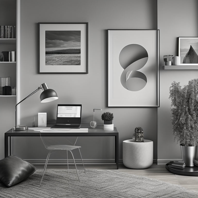 A minimalist, monochromatic illustration of a tidy, compact living room with a small desk, a laptop, and a few, carefully arranged decorative items, surrounded by subtle, swirling patterns of organized digital files.