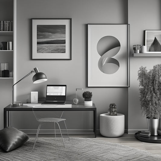 A minimalist, monochromatic illustration of a tidy, compact living room with a small desk, a laptop, and a few, carefully arranged decorative items, surrounded by subtle, swirling patterns of organized digital files.