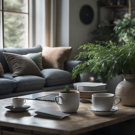 A serene living room with a laptop open on a clutter-free coffee table, surrounded by a few neatly arranged financial papers, a cup of steaming coffee, and a vase with fresh greenery.