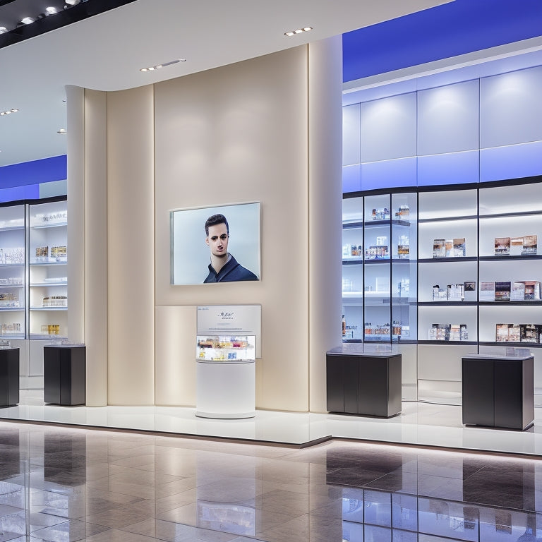 A modern, sleek, and minimalist shopping mall interior with a large, curved digital screen displaying a 3D product showcase, surrounded by stylish mannequins and gleaming glass shelves.