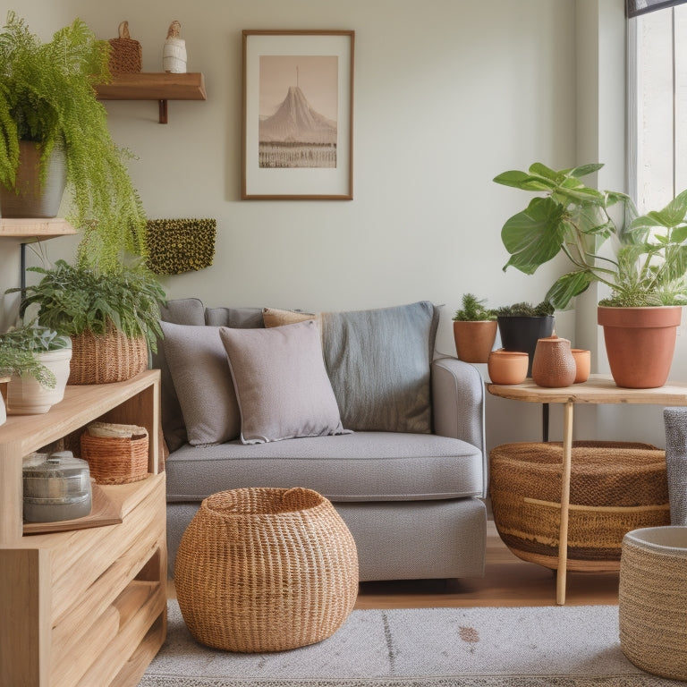 A serene, clutter-free living room with a few, carefully curated decorative items on a minimalist shelf; a woven basket filled with rolled-up blankets in the corner, and a few potted plants.