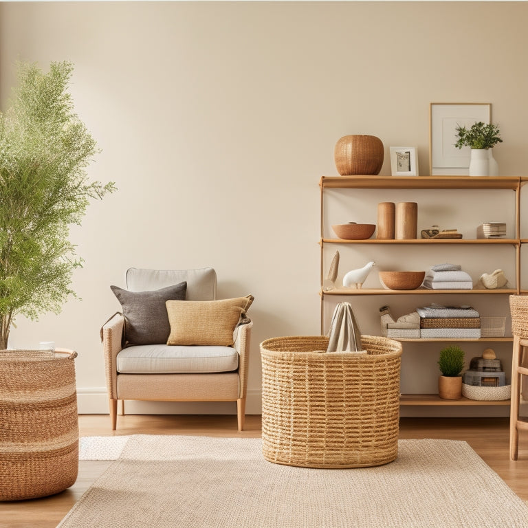 A tidy living room with a minimalist aesthetic, featuring a modular shelving unit, woven baskets, and a few choice decorative pieces, bathed in warm, natural light.