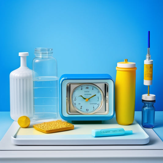 A color-coded illustration of a FEIBA vial and syringe on a medical tray, surrounded by a clock, a thermometer, and a refrigerator, set against a calming blue background.