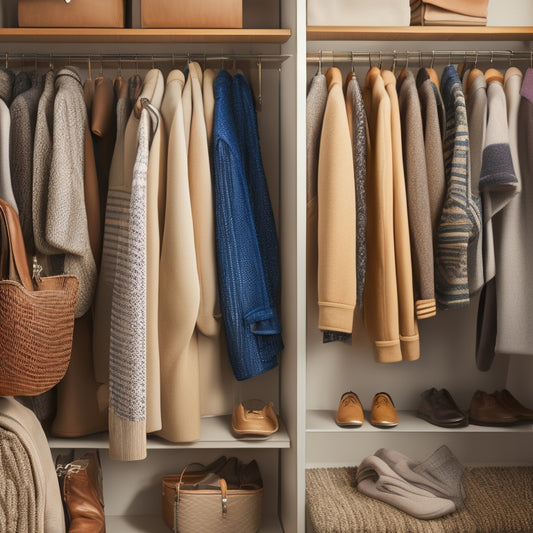 A bright, organized coat closet with rows of identical hooks, baskets, and shelves, featuring a mix of jackets, backpacks, and accessories in a warm, neutral color palette, lit by a soft overhead light.