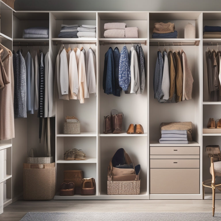 A serene, well-organized closet interior with adjustable shelves, hanging rods, and storage bins, illuminated by soft, warm lighting, and a few stylish garments and accessories neatly arranged.
