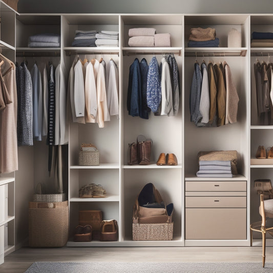 A serene, well-organized closet interior with adjustable shelves, hanging rods, and storage bins, illuminated by soft, warm lighting, and a few stylish garments and accessories neatly arranged.