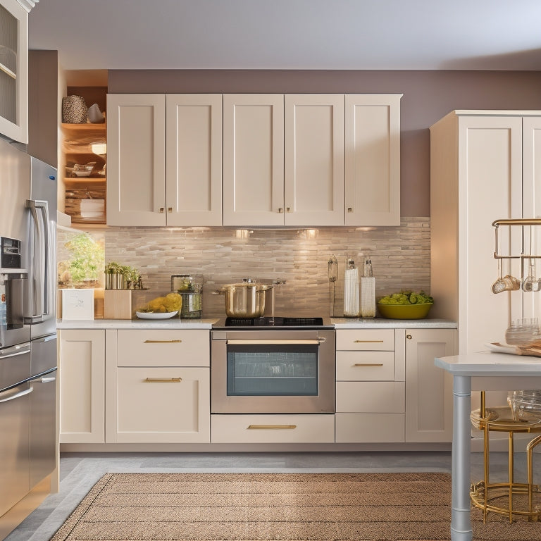 A modern kitchen with cream-colored cabinets, featuring a counter height storage unit with sliding drawers, a built-in wine rack, and a utensil organizer, surrounded by sleek appliances and a grey stone backsplash.