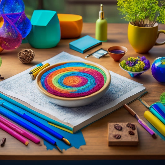A vibrant, interconnected network of colorful circles, curved lines, and radiating branches, surrounded by scattered notes, pens, and a cup of steaming coffee on a wooden desk.