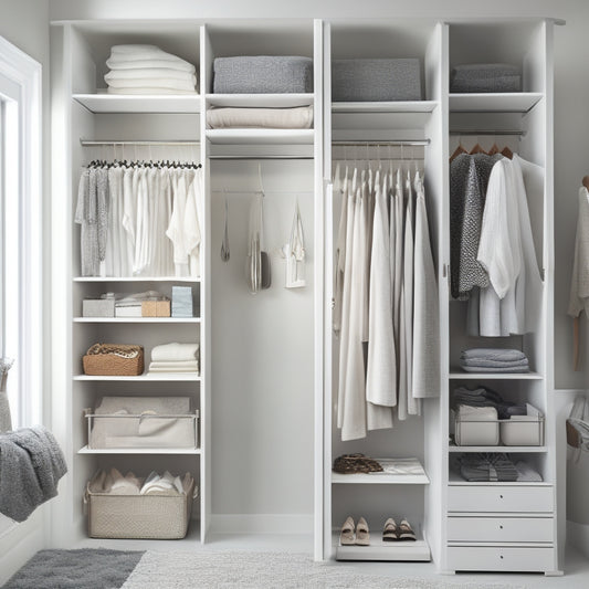 A serene, modern closet interior with a double rod closet organizer system, featuring sleek, silver rods, crisp white shelves, and neatly arranged clothes and accessories in a calm, neutral-colored space.