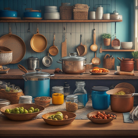 A warm and inviting kitchen scene with a messy countertop, utensils scattered, and a few pots and pans piled up, contrasted with a tidy and organized area with labeled jars and a utensil organizer.