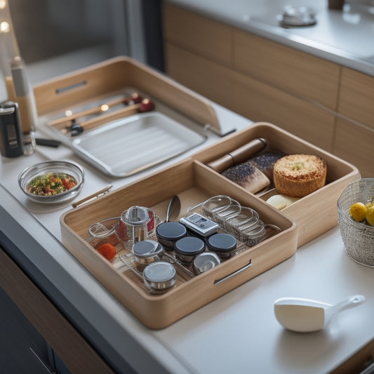 An organized kitchen drawer with neatly arranged utensils, a compact spice rack, and a small tray holding a smartphone and earbuds, surrounded by soft, warm lighting and a blurred background of kitchen countertops.