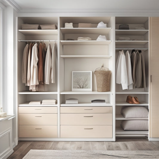 A serene, minimalist closet with a soft, warm glow, featuring a floor-to-ceiling shelving system, double rods, and sleek storage bins in a calming blend of whites and woods.