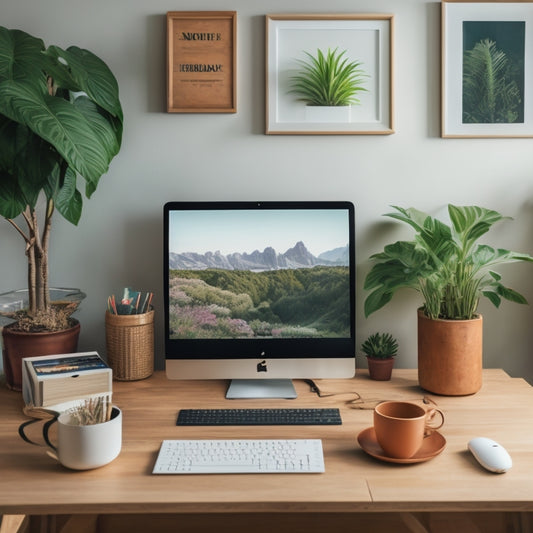 A tidy, minimalist home office with a sleek wooden desk, a Mac laptop, and a few neatly labeled folders, surrounded by a few potted plants and a large, blank corkboard.