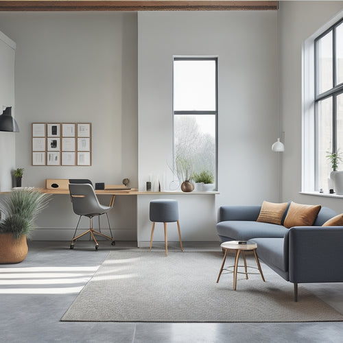 A minimalist loft space with a sleek, wall-mounted desk, a compact sofa bed, and a space-saving storage ottoman, all in a calming monochromatic color scheme with plenty of natural light.