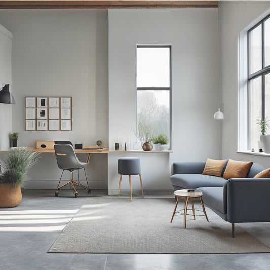 A minimalist loft space with a sleek, wall-mounted desk, a compact sofa bed, and a space-saving storage ottoman, all in a calming monochromatic color scheme with plenty of natural light.