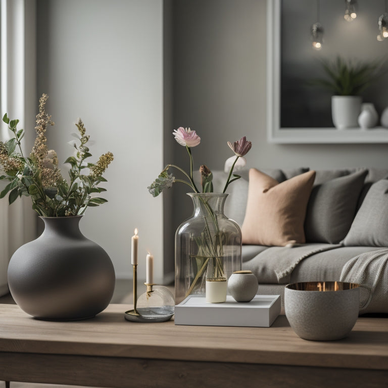 A serene, well-lit living room with a minimalist aesthetic, featuring a tidy bookshelf, a vase with fresh flowers, and a few, carefully-placed decorative objects on a sleek, wooden coffee table.