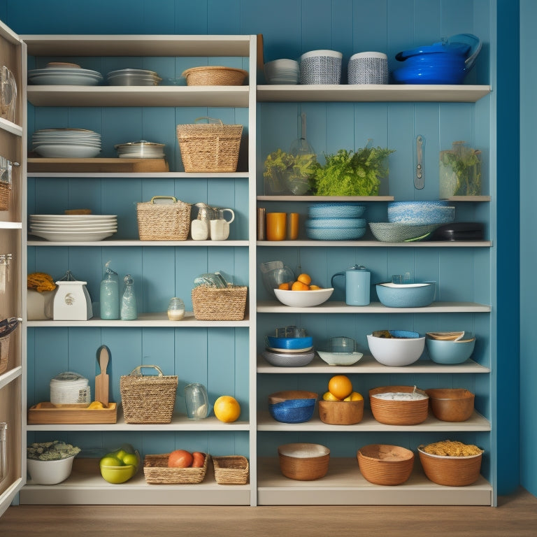 Generate an image of a cluttered corner cabinet with stacked plates, utensils, and cookbooks, beside a transformed cabinet with tiered shelves, baskets, and hooks, showcasing organized storage solutions.