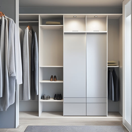 A serene, minimalist closet interior with a sleek, floor-to-ceiling shelving unit, a compact, mirrored cabinet, and a few, carefully hung garments on a slim, chrome rod.