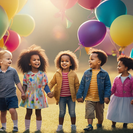 An illustration of diverse children holding hands, surrounded by colorful balloons and flowers, with a bright sun shining down, conveying joy and warmth.