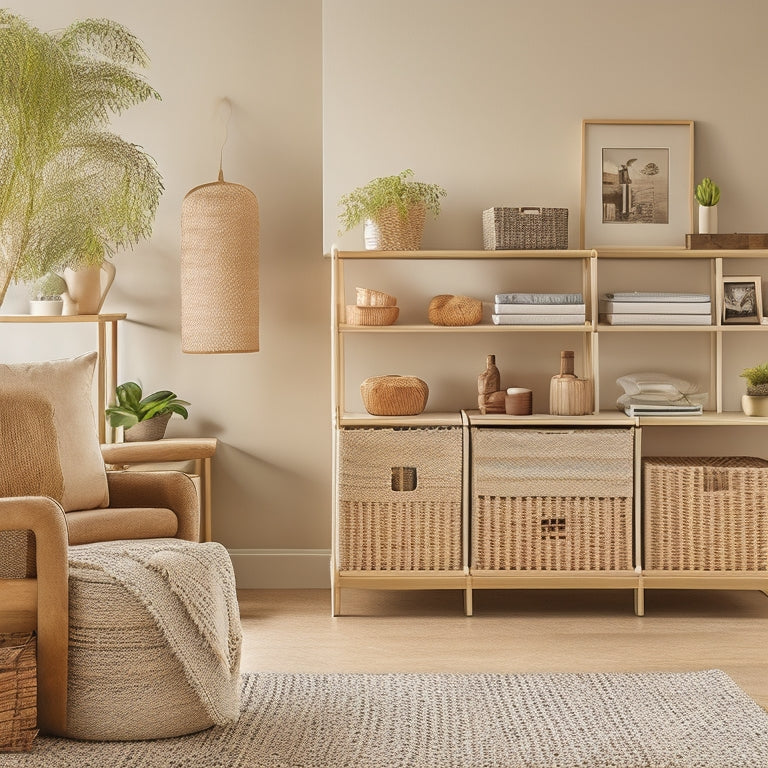 A clutter-free living room with a few open storage units, such as a wooden crate, woven basket, and a minimalist shelving unit, against a soft, beige background.