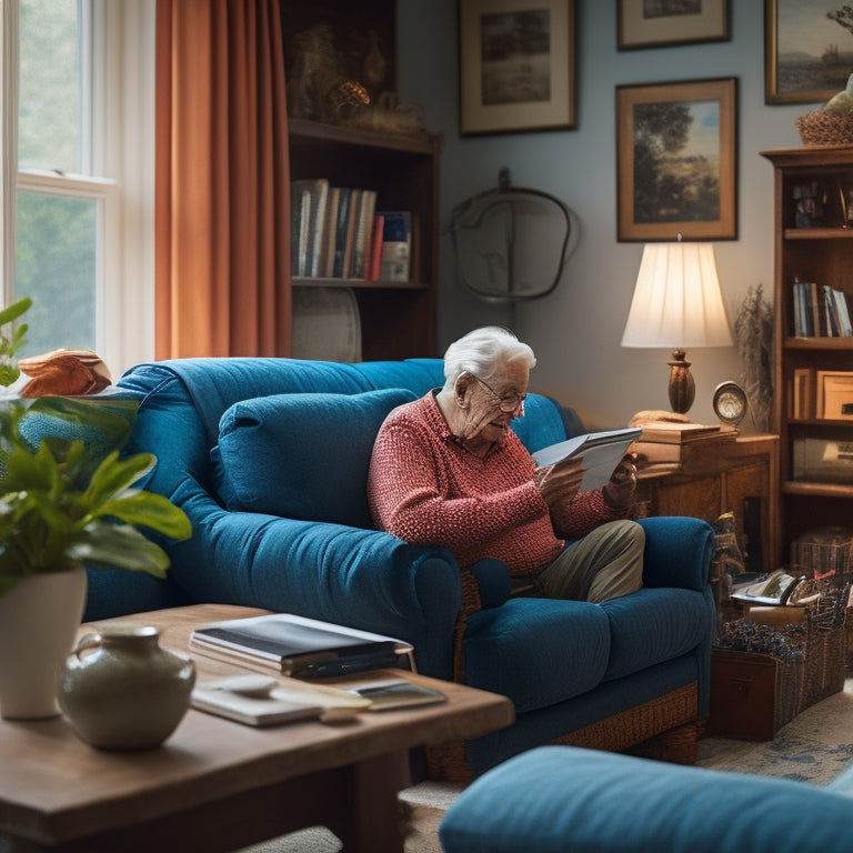 An illustration of a serene senior adult sitting comfortably in a clutter-free living room, surrounded by a few, carefully organized belongings and a simple, intuitive tablet or smartphone.