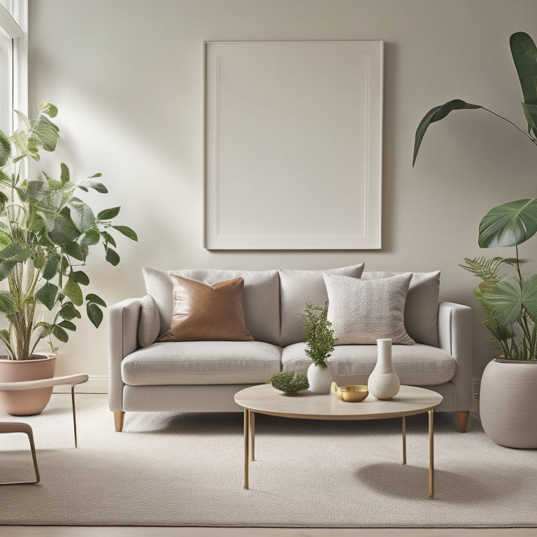 A serene, light-filled living room with a sleek, low-profile sofa, a minimalist coffee table, and a few carefully placed potted plants against a backdrop of soft, creamy walls.