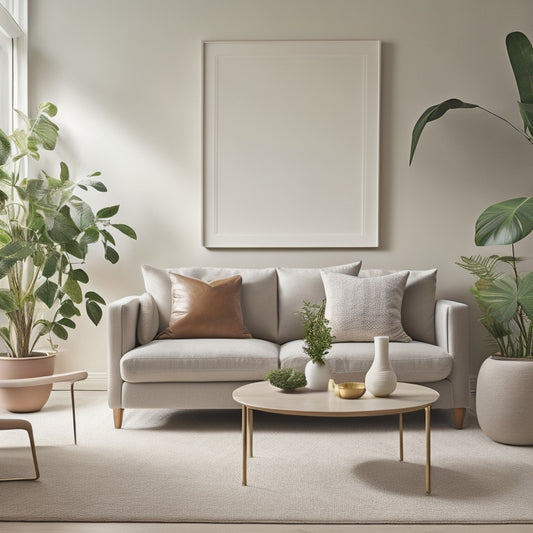 A serene, light-filled living room with a sleek, low-profile sofa, a minimalist coffee table, and a few carefully placed potted plants against a backdrop of soft, creamy walls.