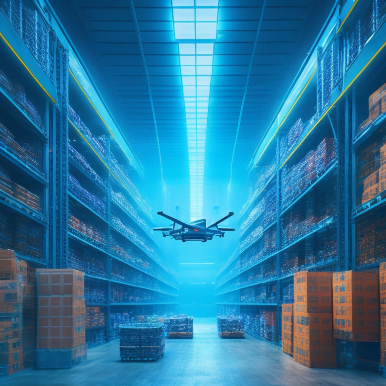 A futuristic, high-ceilinged warehouse with towering shelves and robotic arms efficiently storing and retrieving crates, surrounded by holographic inventory displays and autonomous delivery drones hovering above.