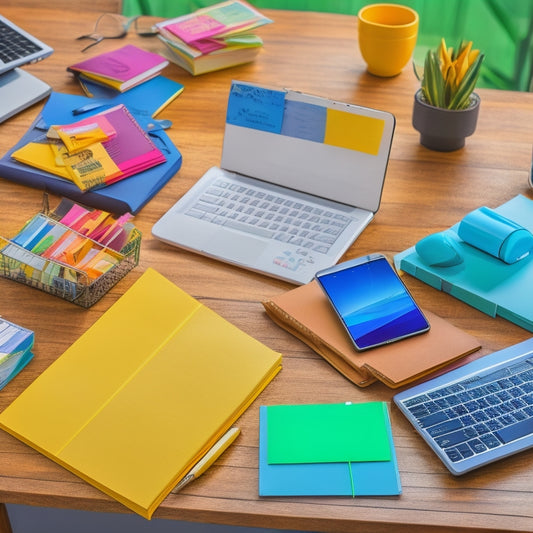 A clutter-free desk with a laptop, a tablet, and a smartphone, each displaying different note-taking apps, surrounded by colorful sticky notes, a minimalistic notebook, and a few neatly organized folders.