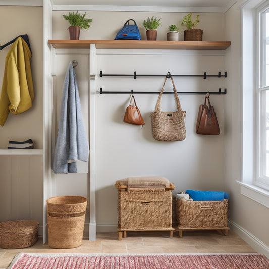 A clutter-free mudroom with a built-in bench, hooks for jackets and bags, and a wooden shelving unit with woven baskets, against a warm beige background with natural light.