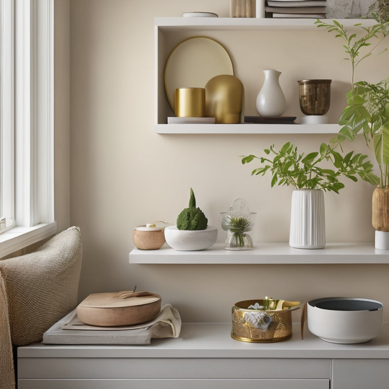 A tidy, modern corner with a lazy Susan turntable holding a decorative vase, a small potted plant, and a few cookbooks, surrounded by sleek, white shelves and a warm, beige wall.