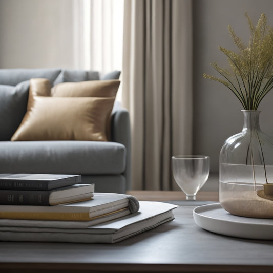 A serene, minimalist living room with a few, carefully placed possessions: a single, elegant vase on a clutter-free coffee table, a neatly folded throw blanket, and a few, strategically arranged books on a sleek shelf.