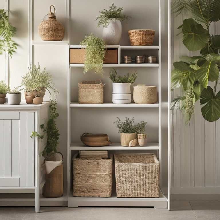 A tidy cabinet with adjustable shelves, baskets, and stacked containers in a mix of wood and white tones, surrounded by soft, warm lighting, and a few decorative plants on top.